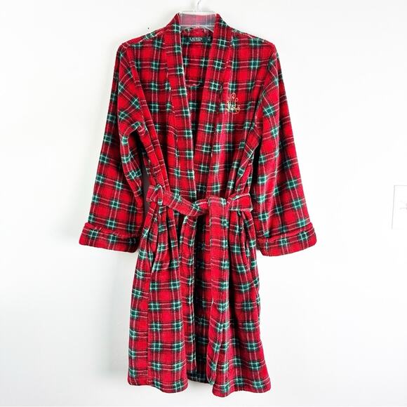 Lauren Ralph Lauren Plush Red and Green Plaid Shawl Collar Robe Medium - Picture 1 of 9